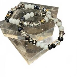 Beaded Bracelet Set Black White & Metallic stretch bracelets